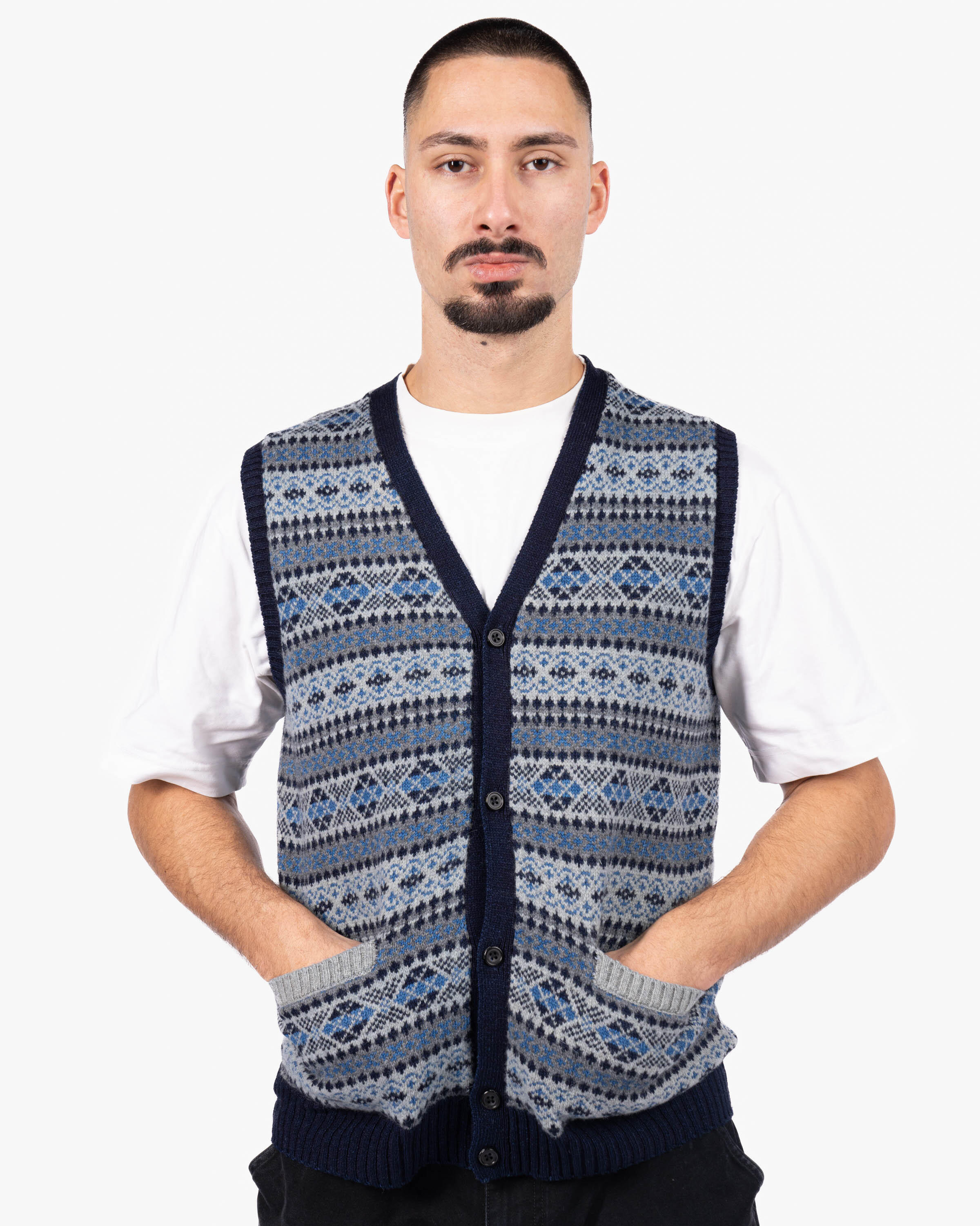 Beams+ Button Knit Vest Indigo Fair Isle | 3805002615615 | AFEW STORE
